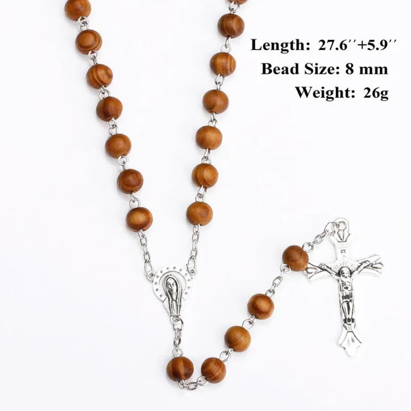 8MM Wood Rosary Beads Necklace For Women Men Catholic Jesus Christ On INRI Cross Crucifix Pendant Long Chain Religious Jewelry