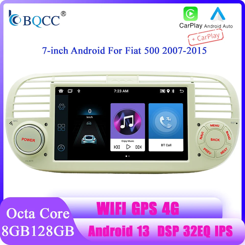 BQCC 1 Din 7" Octa core Android 13 Car PLayer Mirrorink GPS WIFI DSP 32EQ RDS FM APP Control Car Stereo For Fiat 500 2007-2015
