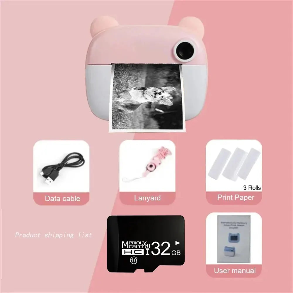 Children's Camera LCD Screen 2.4 Inches Supports 32G Memory Battery Life 1000 MAh Instant Printing Camera Supports Video Games
