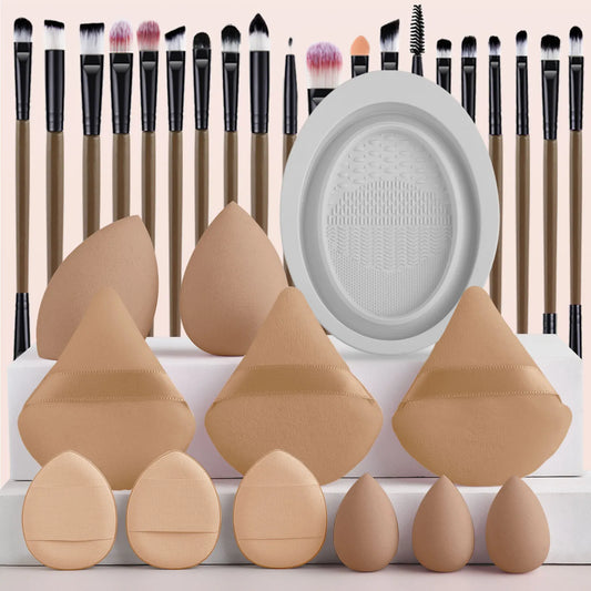 32pcs Makeup Beauty Tool Set &1pc Oval Washing Bowl & 5pcs  Beauty Egg & 3pcs Scalloped Powder Puff 3pcs Thumb Air Cushion