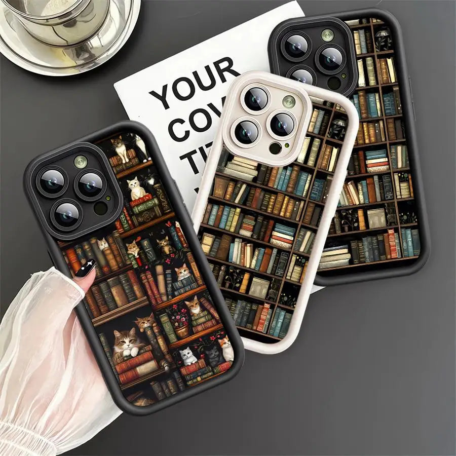 Vintage Bookshelf Kitten Phone Case for iPhone 16 15 Pro Max 13 12 11 14ProMax 16Plus 12Pro 16e Soft Cover