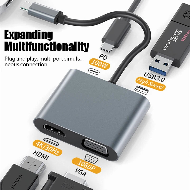 USB C Hub 4 in 1 Type C 3.0 Adapter to 4K HDMI HDTV VGA USB 3.0 PD Fast Charge Splitter for MacBook Notebook Laptop Computer