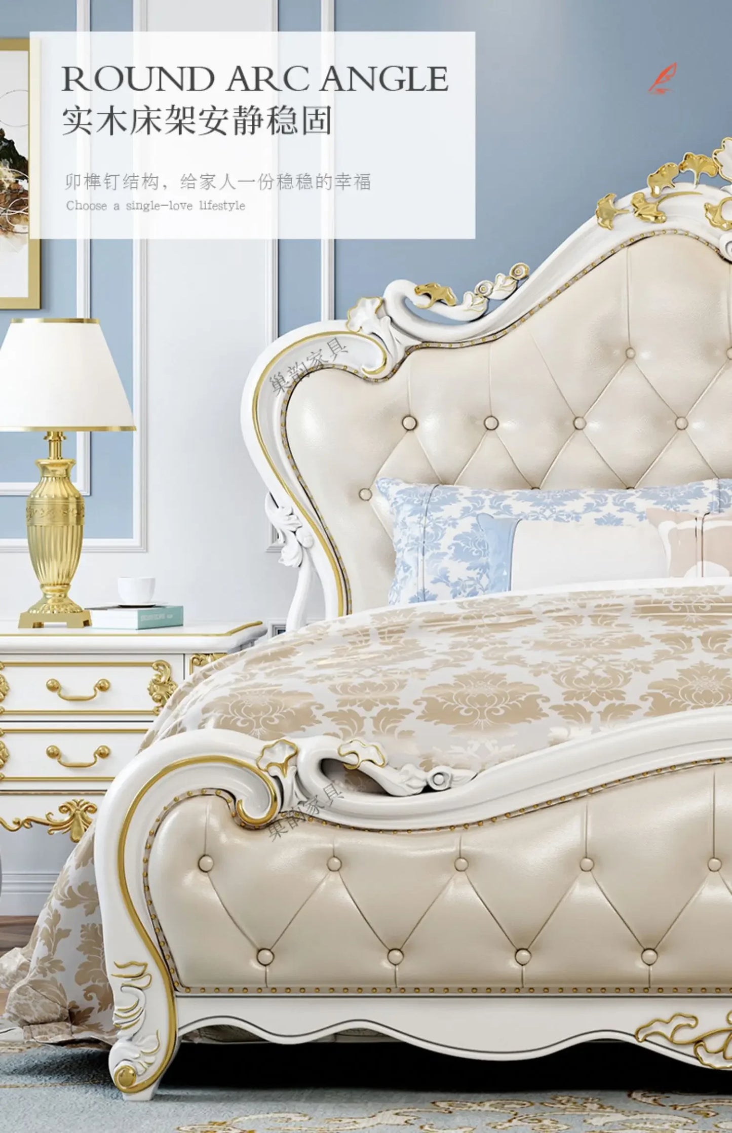 European Luxury Modern Double Bed Frame Mattress Storage Solid Wood Princess Bed Queen Size Cama Bedroom Set Furniture