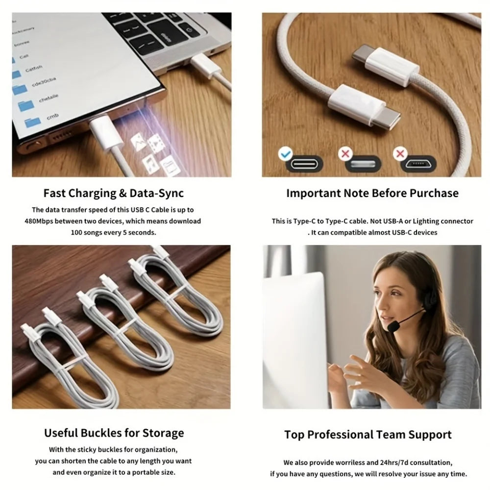 USB C to Type C Fast Charging PD 60W Mobile Phone Date Cable For Iphone16 15 Android Samsung Huawei Type C Braided Charger Cable