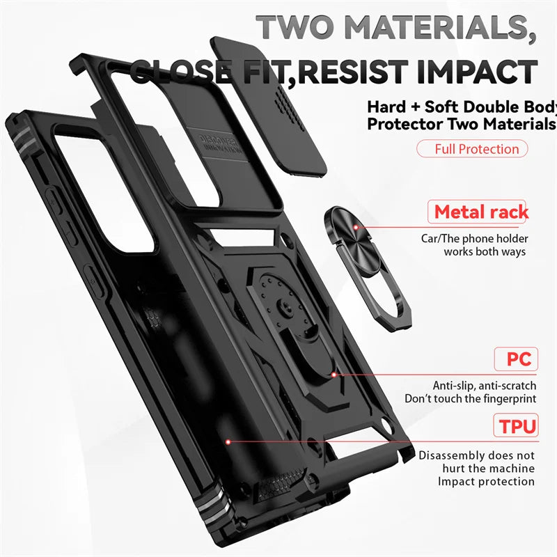 Armor Magnetic Bracket Case for Samsung S25 S24 S23 S22 S21 S20 Note 20 Ultra S10 Plus Slide Camera Protection Shockproof Cover