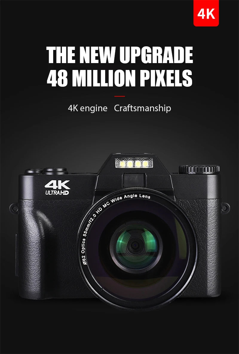 4K HD Professional Digital Camera Camcorder WIFI Webcam Wide Angle 16X Digital Zoom 48MP Photography 3 Inch Flip Screen Recorder