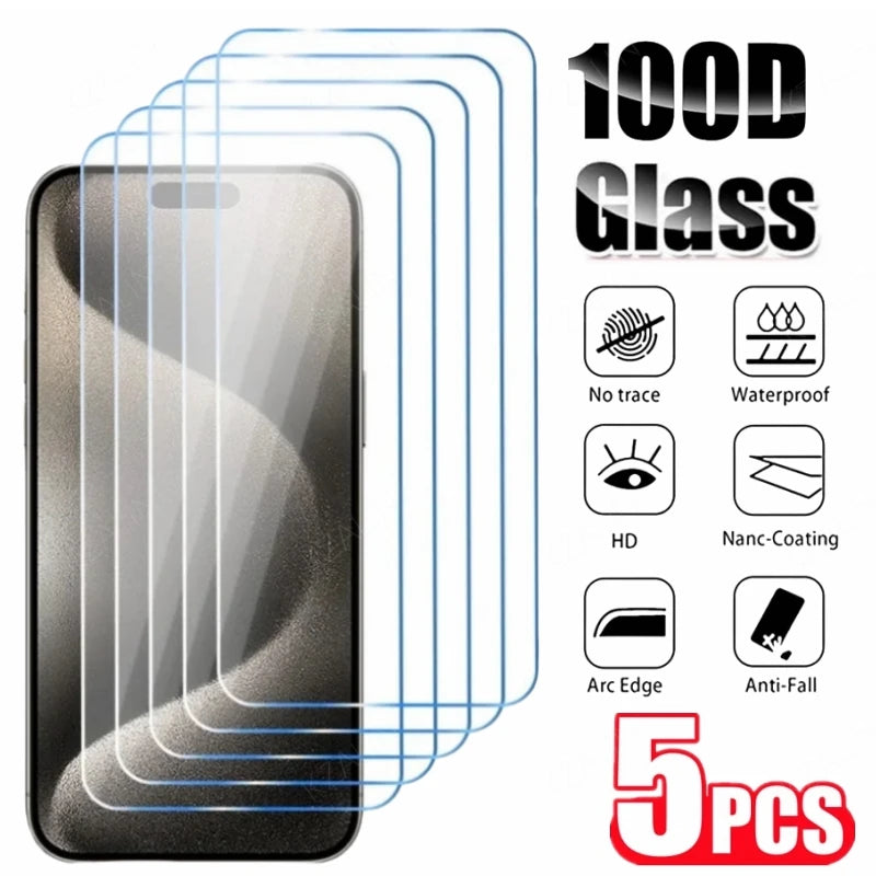 5PCS Screen Protector For iPhone 15Promax 14Pro Fall Prevention Full Cover Protective Glass For iPhone 15Pro 13 Tempered Glass