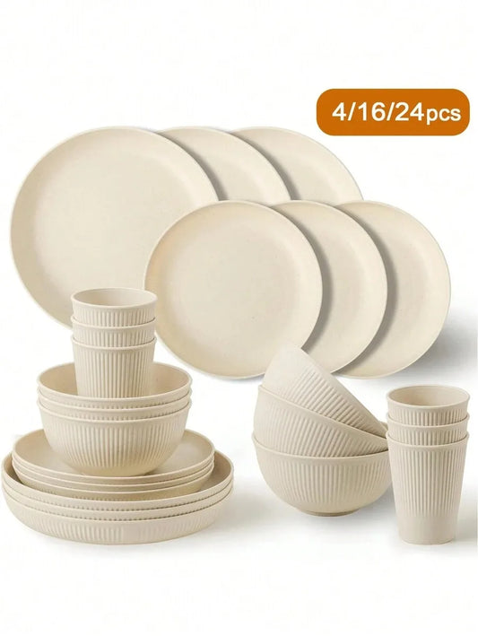 4/16/24pcs Plastic Dinnerware Set,  Reusable Cup, Plate And Bowl Set, Suitable For Camper, Camping, Picnic, Dormitory, Beige