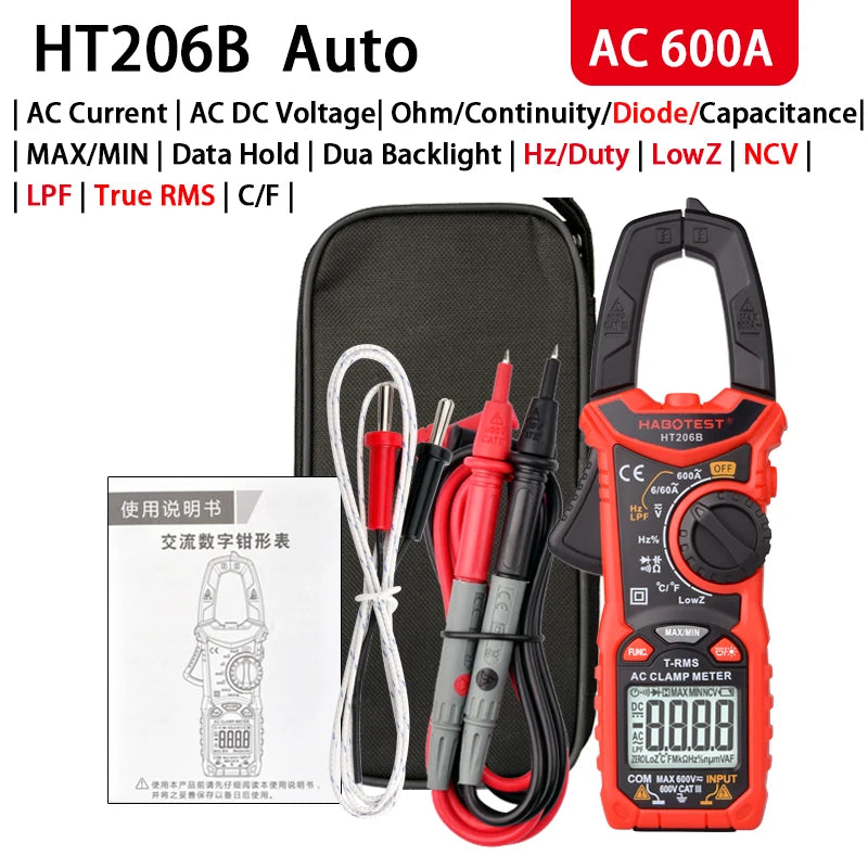 HABOTEST Digital Clamp Meter HT206A HT206B HT206D 600A AC DC Current Two-color Backlight NCV Voltmeter Ammeter With Leather Case
