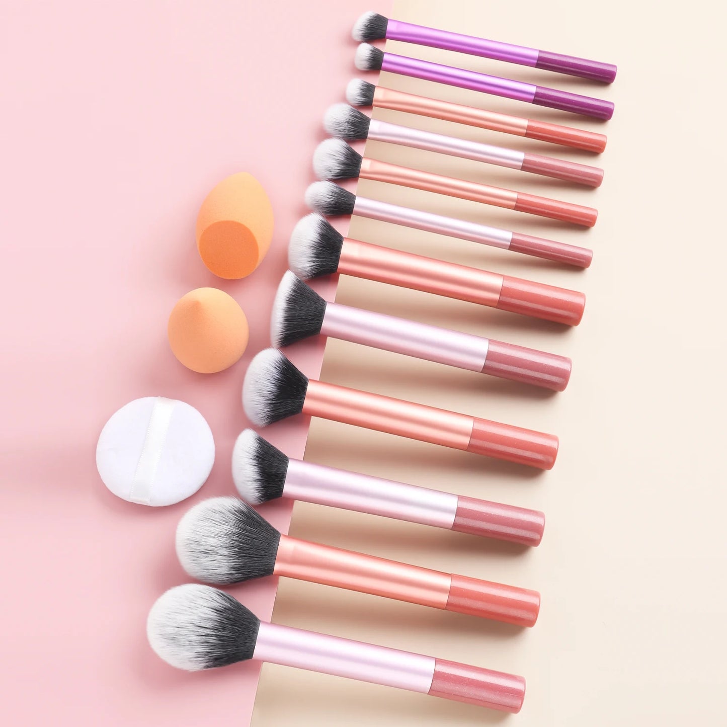 15pcs professional makeup brush set - classic everyday including 2pcs bevel and water drop beauty egg, 1 powder puff beauty tool