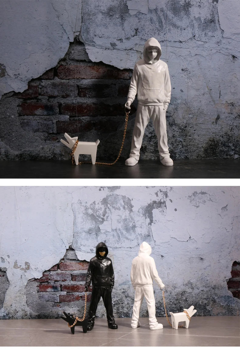 Banksy a trendy man playing with dogs, white fashion toys, art sculptures and ornaments