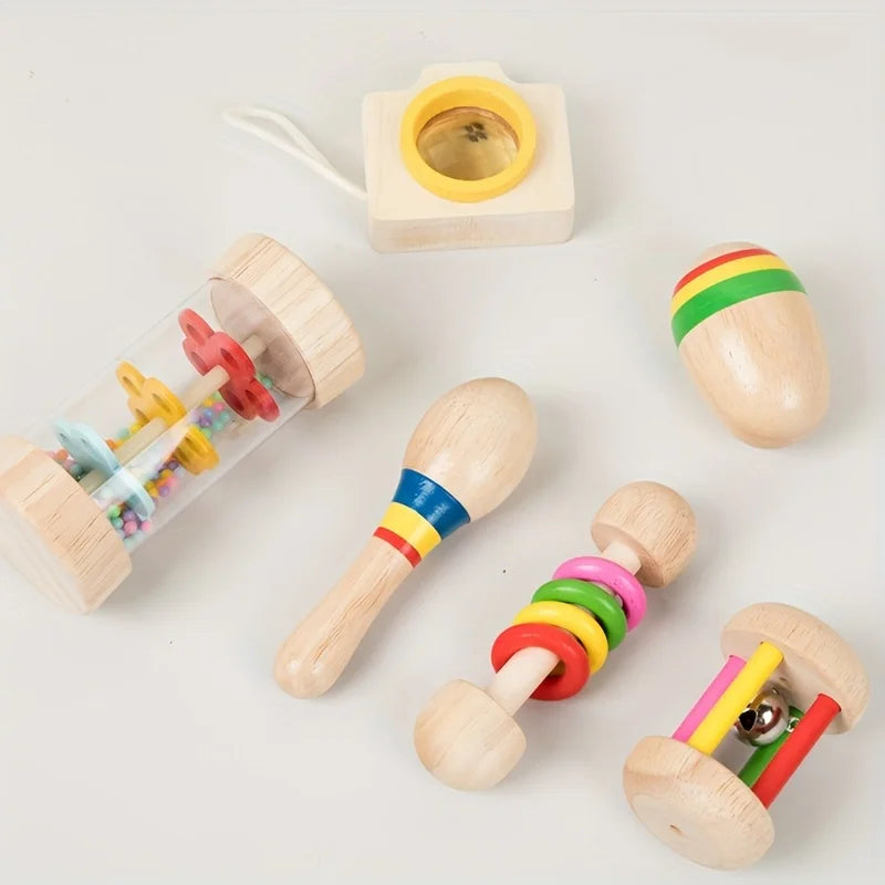 Wholesale Wooden Kids Rattle Six in One Rotating Musical Instruments High Quality Baby Toy with Rain Sound