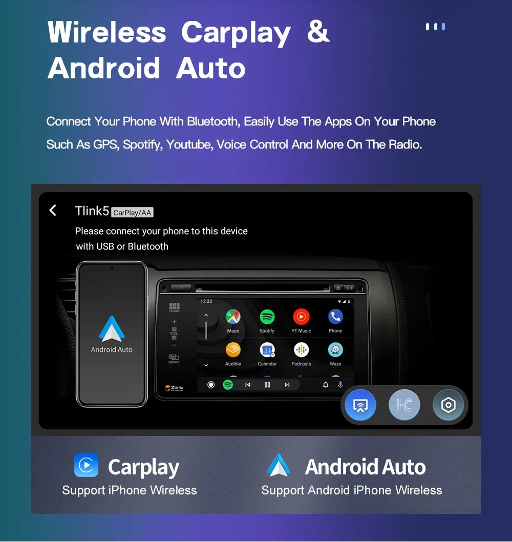 Junuse 7" Wireless Android Auto Carplay For Fiat 500 2007~2015 Android 13 Carplay GPS Navigation Multimedia Player White Black