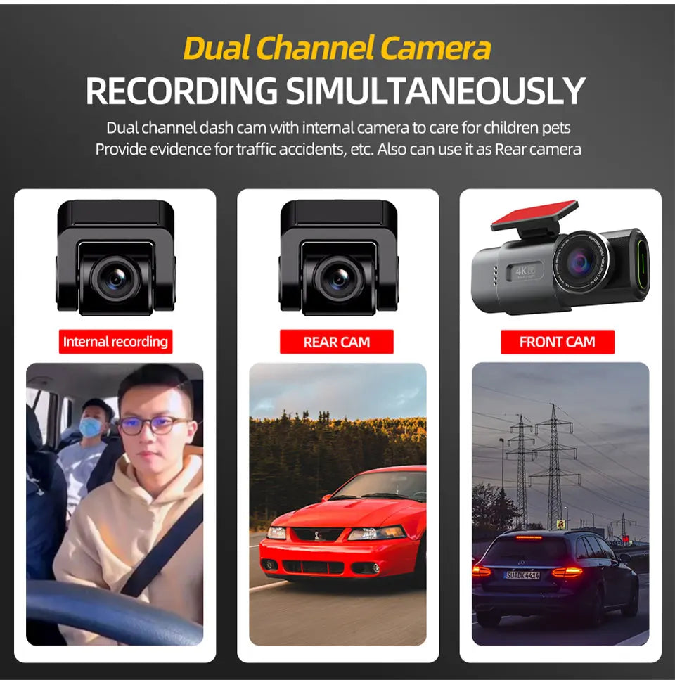 Dash Cam Dual Lens 4K UHD Recording Car Camera DVR Night Vision Video Recorder With GPS Wi-Fi Room Black Box Rear View Camera