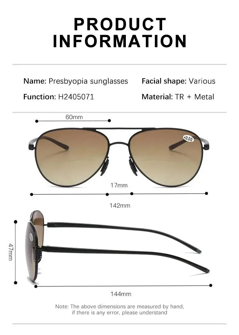 Bifocal Reading Glasses Men Fashion Double Bridge Sunglasses Male Look Far and Near Anti Glare Hyperopia Eyeglasses +100 To +350