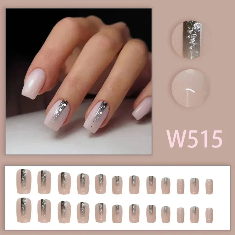 Black Ink Style Fake Nail with Jelly sticker Press on False Nails Wearable Round Head Oval Full Cover Nail Tips