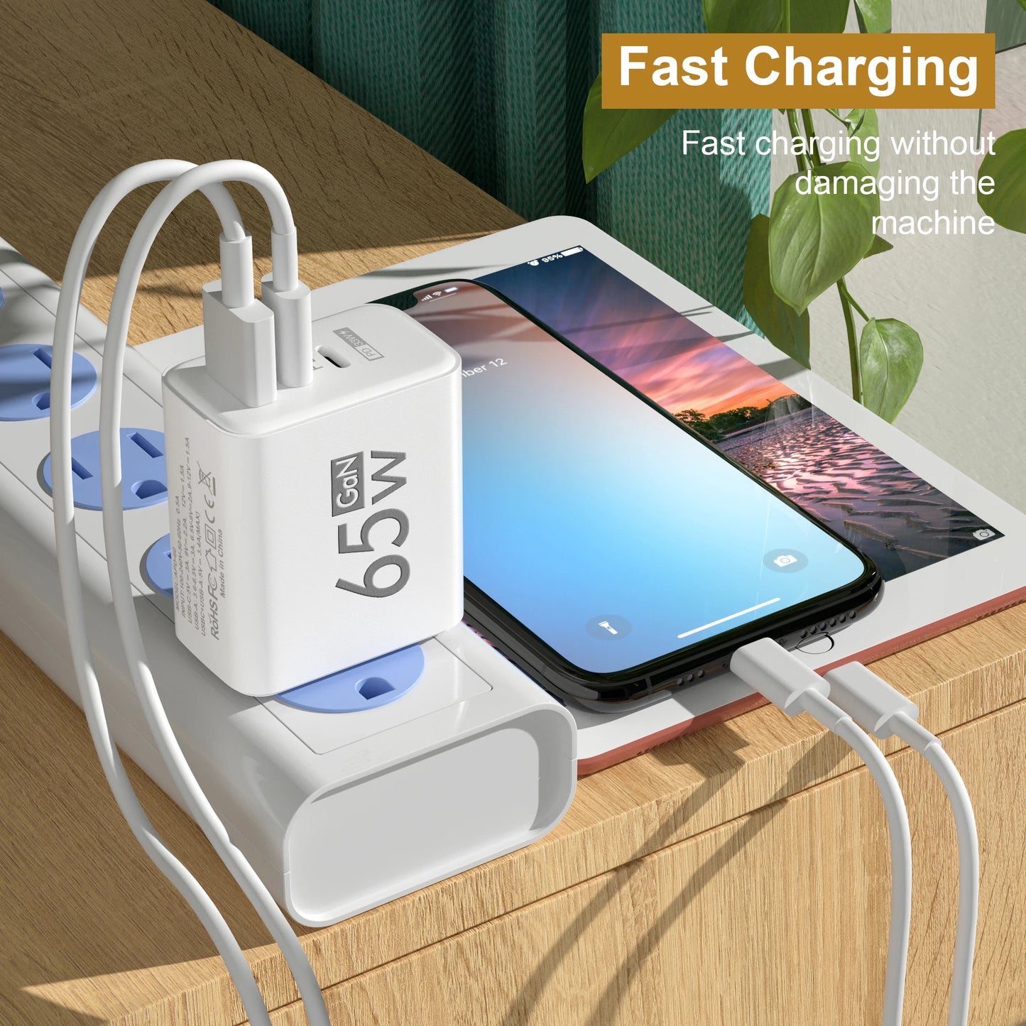 65W GaN USB PD Charger 3 Ports Fast Charging Type C Mobile Phone Adapter Quick Charger3.0 For iPhone 15 14 Samsung Xiaomi Huawei