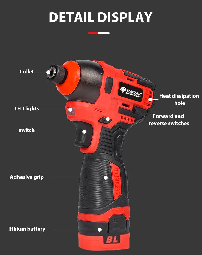 Electric Goddess Brushless Electric Screwdriver with 18V Lithium Battery Cordless Drill Screw 1500mAh  Rechargeable Power Tools