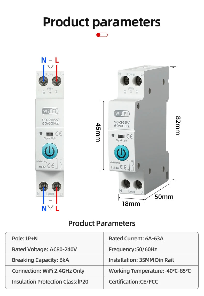 Tuya WiFi Smart Circuit Breaker MCB 1P+N 63A Timer Power Energy kWh Voltage Current Meter Protector Voice Remote Control Switch