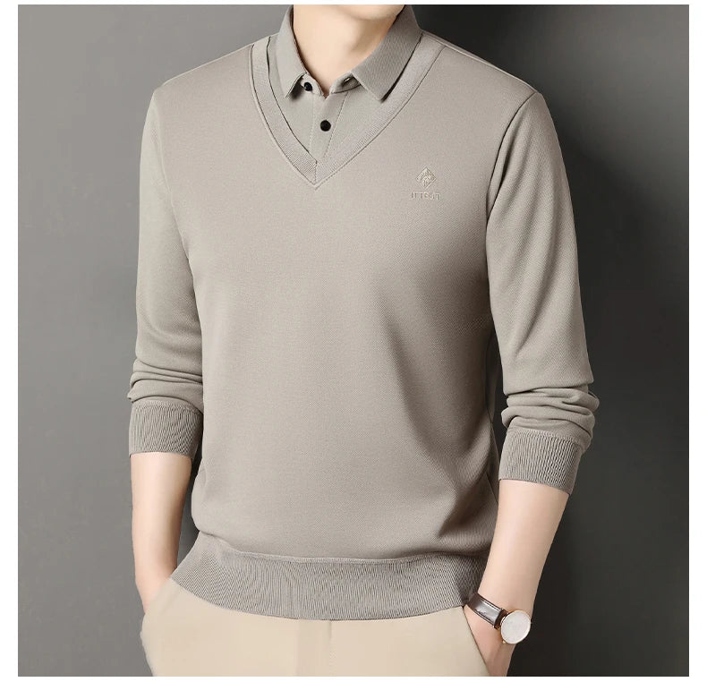 Men's Winter Sweater Velvet Pullover Solid Color Slim Fit Elegant Luxury Brand Knitwear Fake Two Pieces Knitted Sweaters