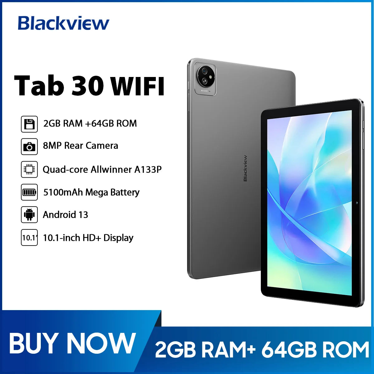 Blackview Tab 30 WIFI Tablet PC 10.1'' 800*1280 HD+IPS Display Android 13 2GB+ 64GB 2.4G/ 5G WIFI 6 Tablet With Dual Speakers