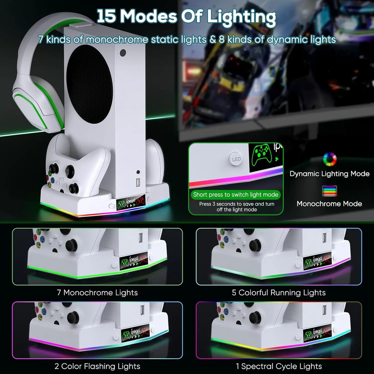 IPEGA Cooling Fan Stand for Xbox Series S with Charger Station,Controller Charging Dock with 15 Colorful RGB Light&Headset Hook