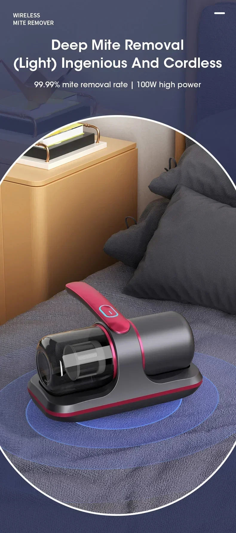 Wireless Mattress Vacuum Mite Remover Cordless Handheld Cleaner 12KPa Powerful Suction for Cleaning Bed Pillows Clothes Sofa