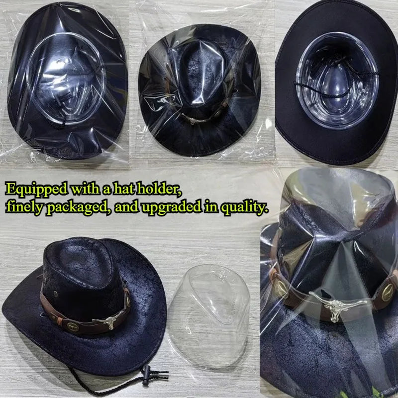 Faux Leather Western Cowboy Hats For Women Men Vintage Gentleman Dress Hats Panama Cowgirl Jazz Cap Sombrero Hombre