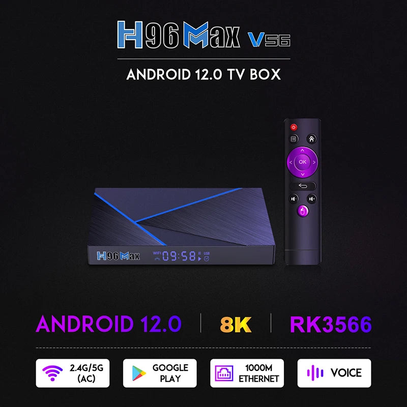 H96 Max V56 Android12 Smart TV Box RK3566 Quad-Core 4K 2.4G/5G WiFi BT4.0 1000M LAN 8GB 64GB Set Top Box