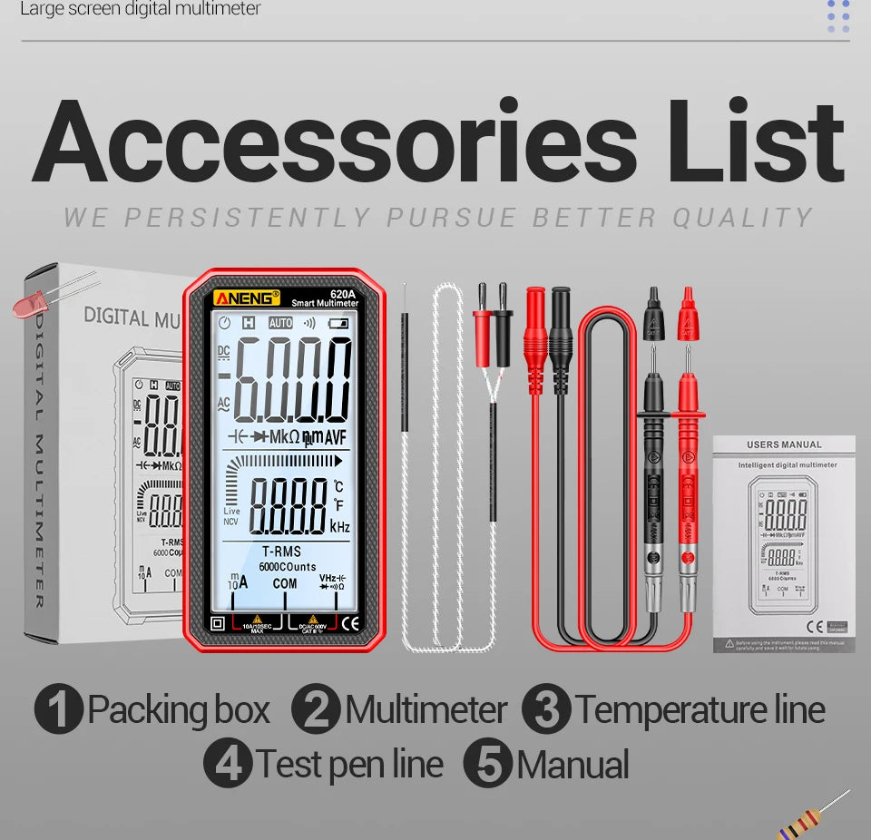ANENG 620A High Precision Counts Auto Resistance Tester Digital Multimeter True RMS 6000 Manual Ranging Voltage Current