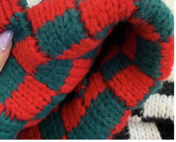 Luxury Brand Chessboard Plaid Knitted Hat Women Winter New Big Size Hat Warm Beanies Skullies Green Red Xmas Christmas Hat
