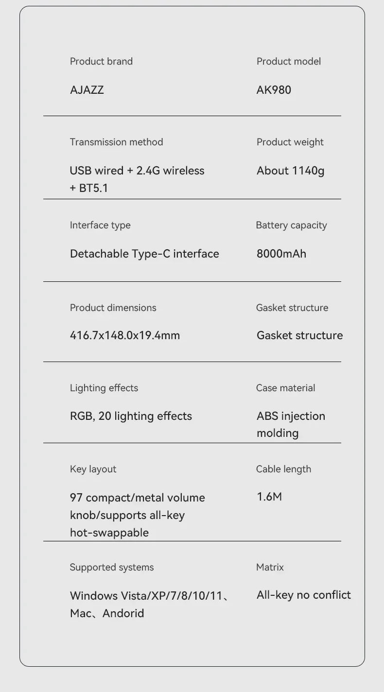 Ajazz AK980 Gaming Mechanical Keyboard Three Mode PBT Gasket Hot Swap RGB Wired Bluetooth Wireless Keyboard Game Accessories