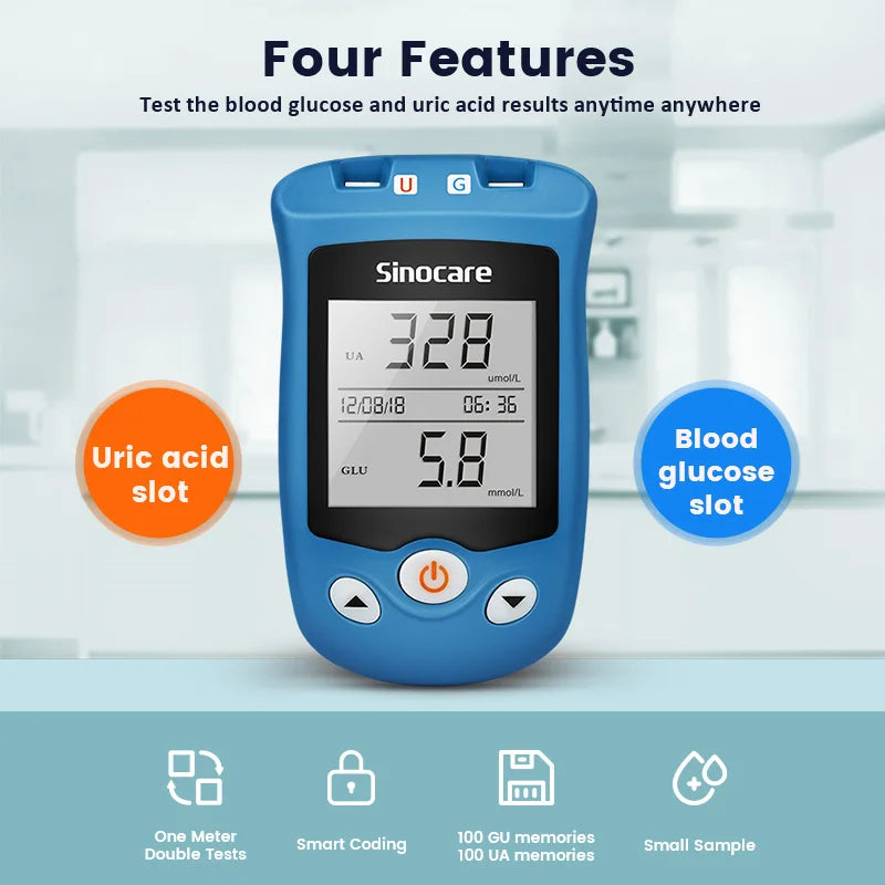 Sinocare Safe AQ UG Uric Acid and Blood Glucose 2in1 Test Meter Kit Blood Sugar Minotor with Strips Lancets for Diabetes Gout