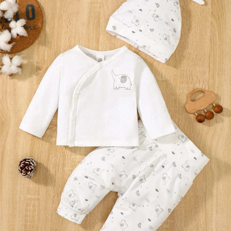 3PCS Newborn Baby Boy&Girl Daily Clothes Set Elephant Long Sleeve Top+Pant+Hat Spring and Autumn Outfits for Infant 0-9 Months