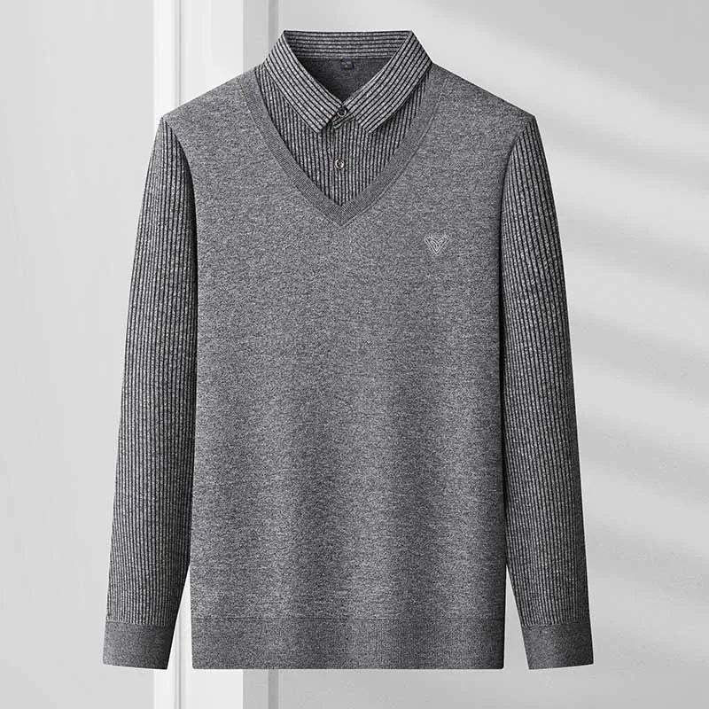 Mens Autumn Clothes Polo Collar Sweater Fake 2 Pieces Striped Velvet Jumpers Slim Fit Pullovers Elegant Knitted Sweaters