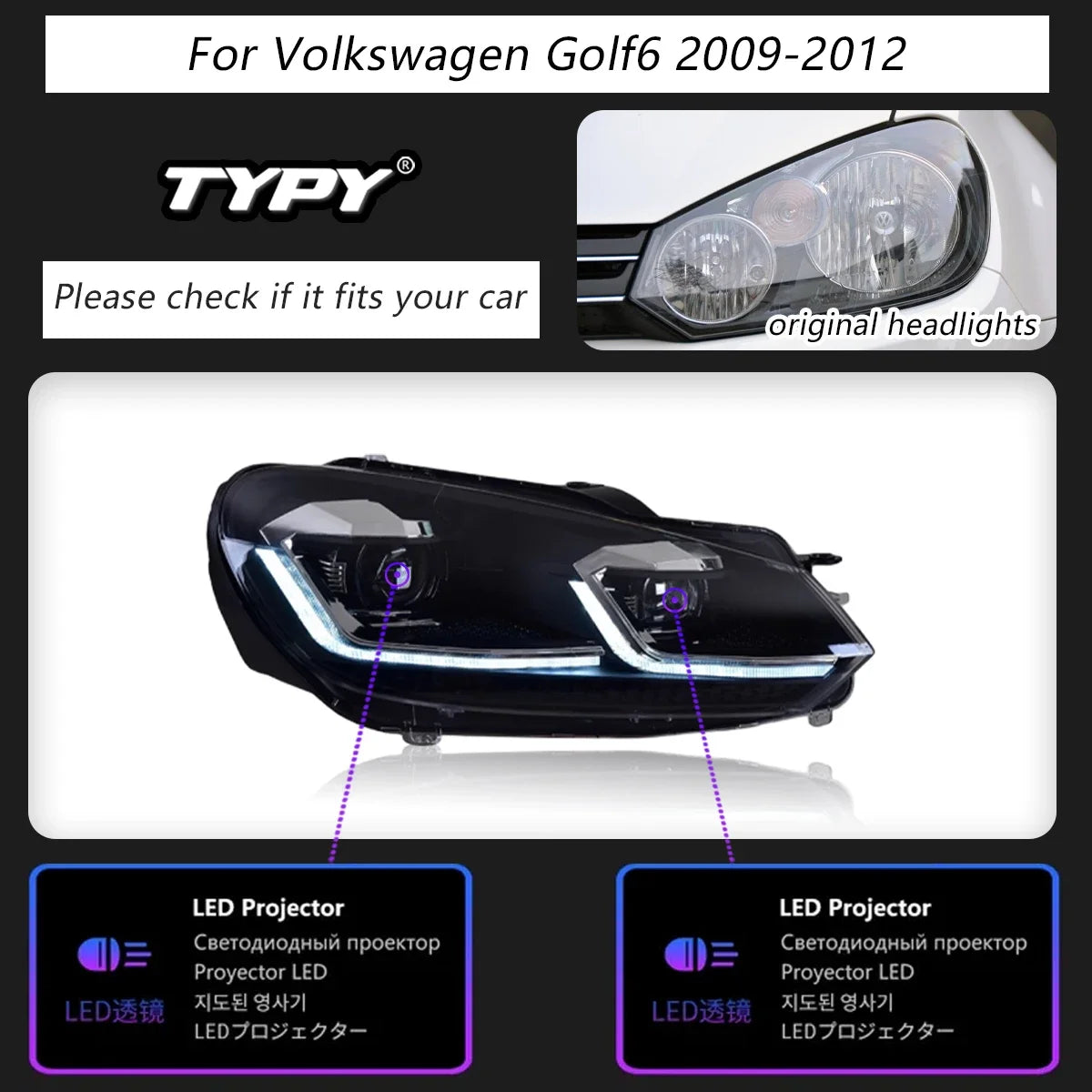 TYPY Car Headlights For Volkswagen Golf6 MK6 2009-2012 LED Car Lamps Daytime Running Lights Dynamic Turn Signals Car Accessories