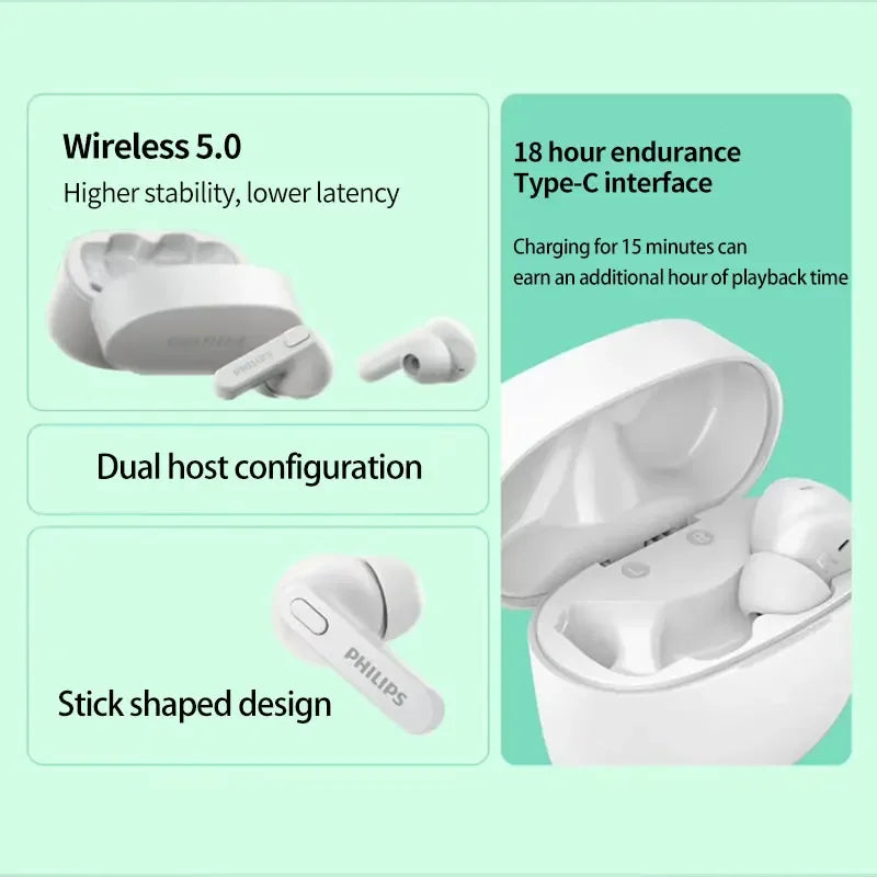 PHILIPS TAT2206 TWS Wireless Bluetooth Earphones Waterproof IPX4 SBC Sports Headset 500mAh Low Latency Gaming Headphone with Mic