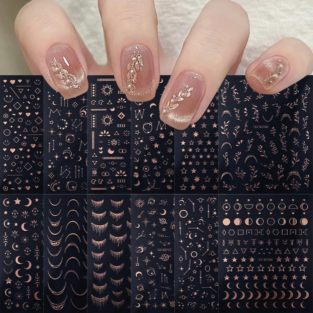 12Pcs Gold/Silver Tasse/Line/Star/Moon 3D Nail Art Stickers Leaf/Geometric Design Self-adhesive Sliders Luxury Manicure Decals