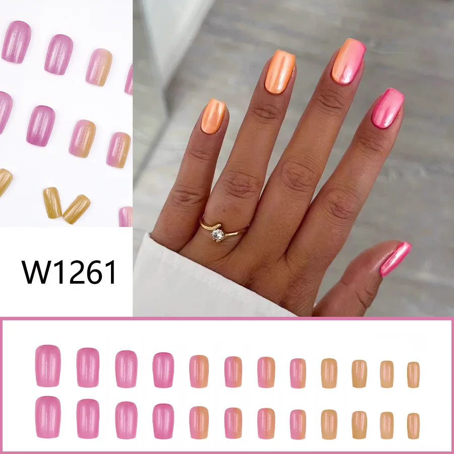 Mandarin Duck 24 Pcs Press on Nails Pink Gradient Fake Nails Glossy Artificial Finger Manicure Reusable False Nails