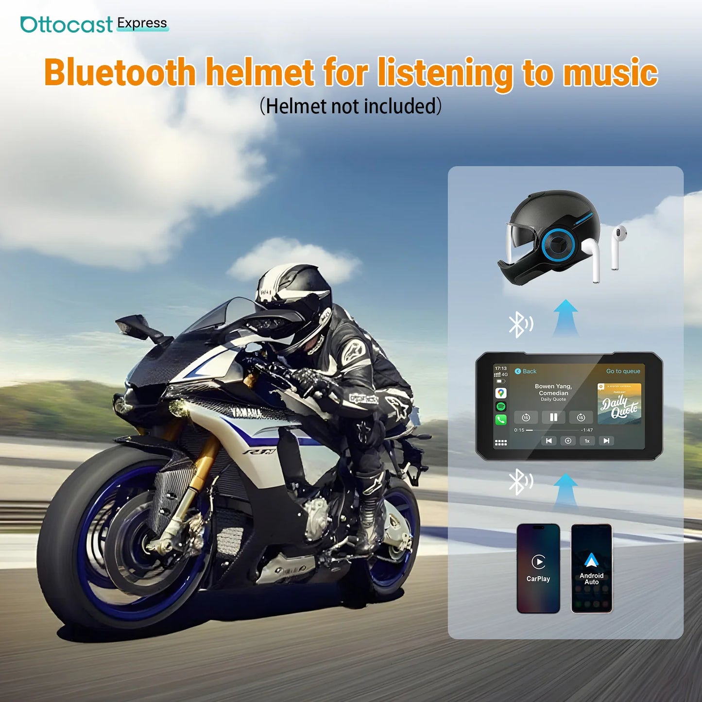 Ottocast 6.0 inch IP67 Waterproof Motorcycle GPS Navigation Wireless Carplay Android Auto DVR Drive Recorder Moto Monitor Wifi