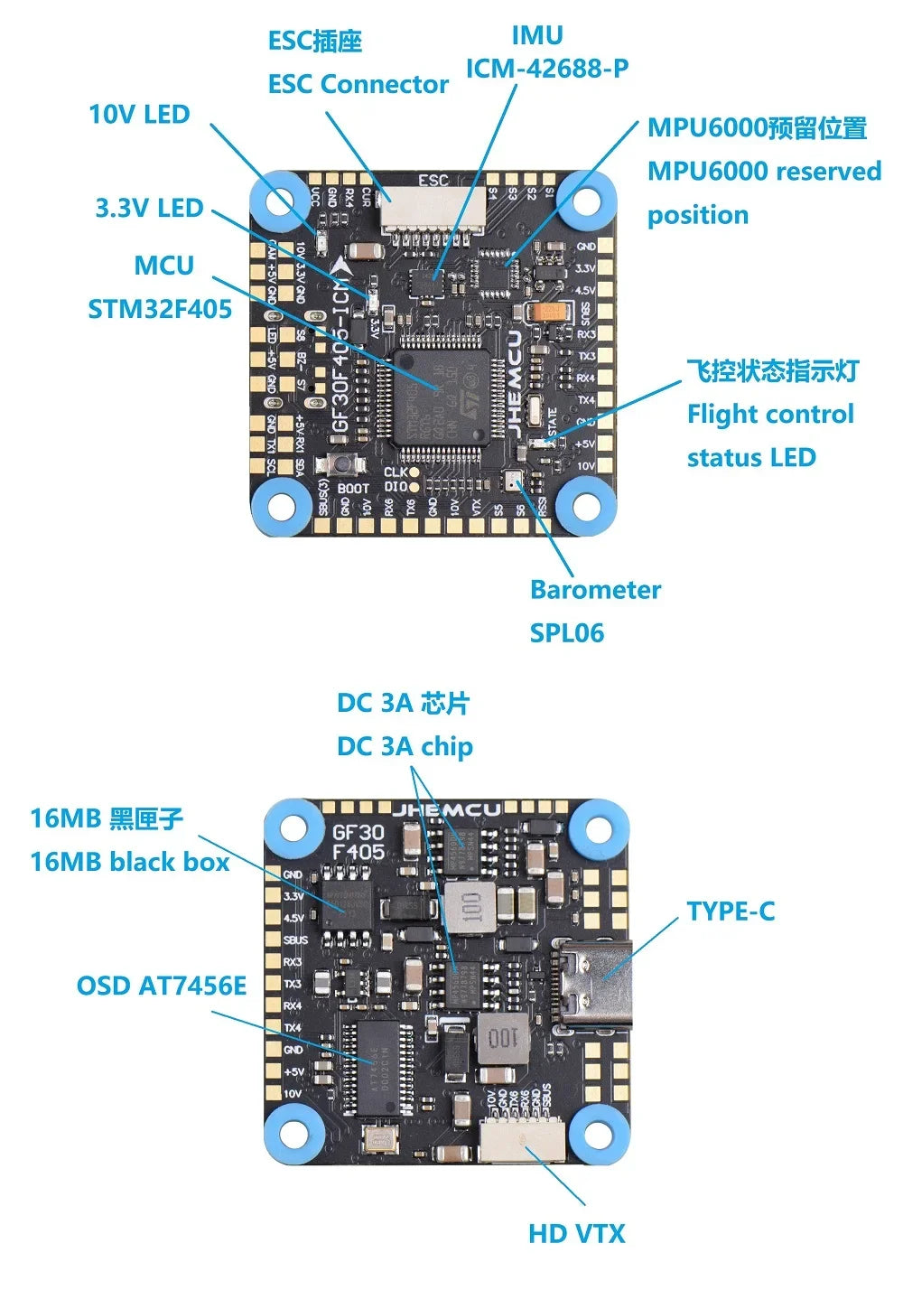 JHEMCU GF30F405-ICM Baro OSD BalckBox 5V 10V Dual BEC F405 Flight Controller 3-8S 30X30mm for RC FPV Freestyle Drone Parts