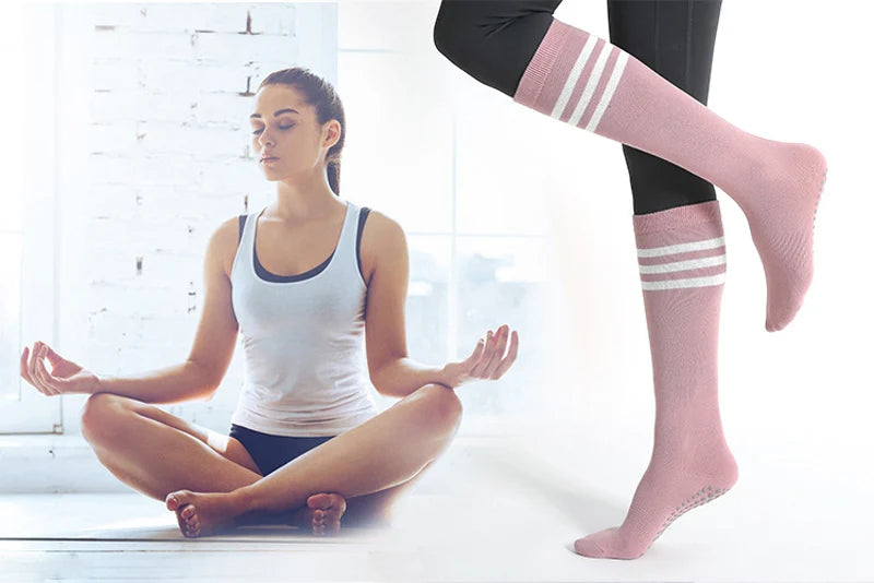 Autumn Winter Women Yoga Socks Striped Cotton Fitness Breathable Pilates Socks Middle Tube Non-Slip Gym Dance Ballet Grip Socks
