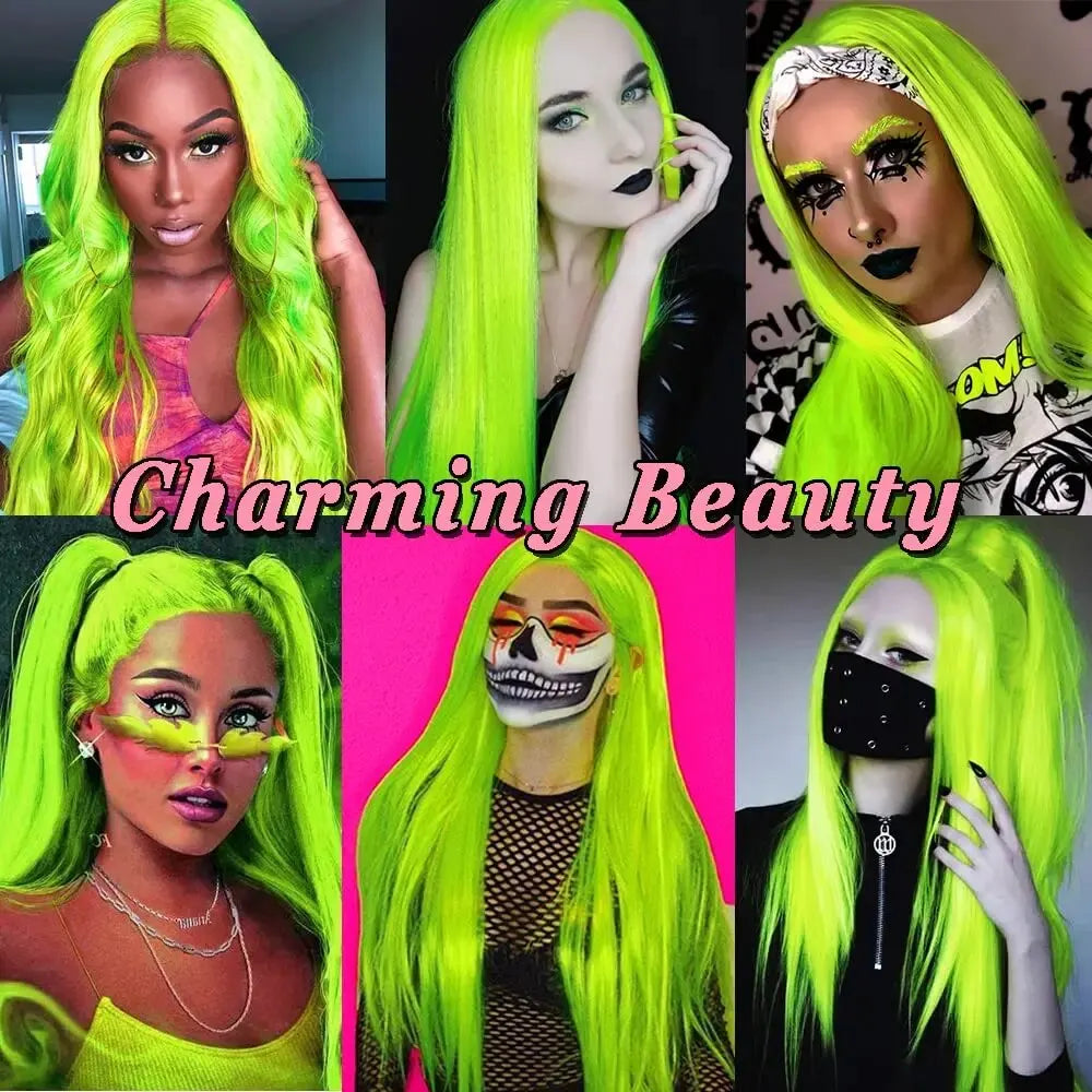 Fluorescent Green Wigs for Women Neon Green Long Straight Lace Synthetic Wigs with Baby Hair Glueless Heat Resistant Hair