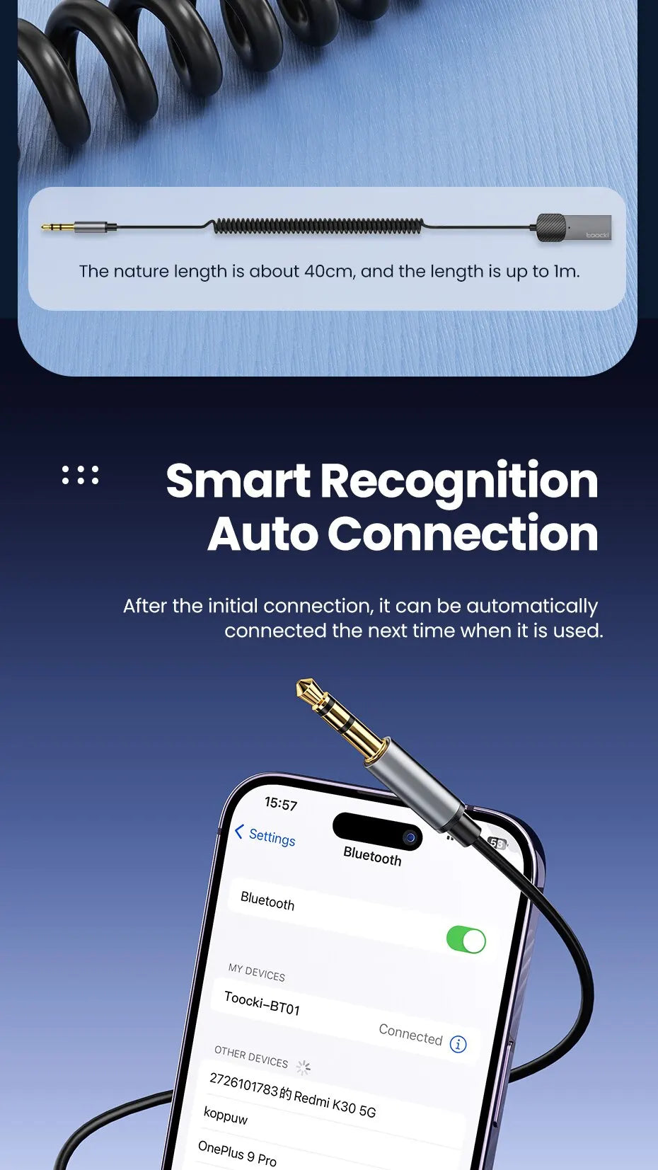 Toocki AUX Bluetooth Car Adapter Dongle Cable For Car Tablet Bluetooth Receiver 5 USB to 3.5mm Jack Speaker Audio Music Receiver