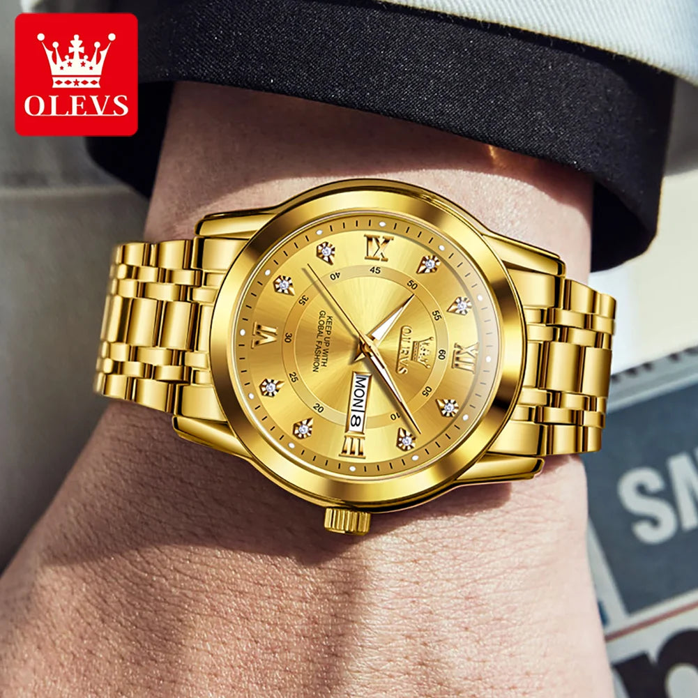 OLEVS Quartz Watch for Men Luxury Diamonds Gold Watch Waterproof Luminous Stainless Steel Business Men's Quartz Watch Mens Watch