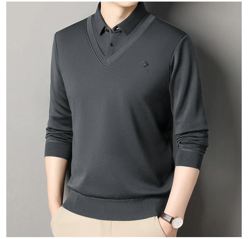 Men's Winter Sweater Velvet Pullover Solid Color Slim Fit Elegant Luxury Brand Knitwear Fake Two Pieces Knitted Sweaters