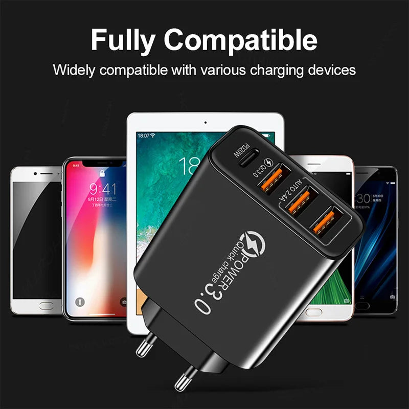 Type C USB Quick Charger 4 Ports 3.0 PD Cell Mobile Phone Power FAST Adapter For iPhone Samsung Xiaomi Black/White