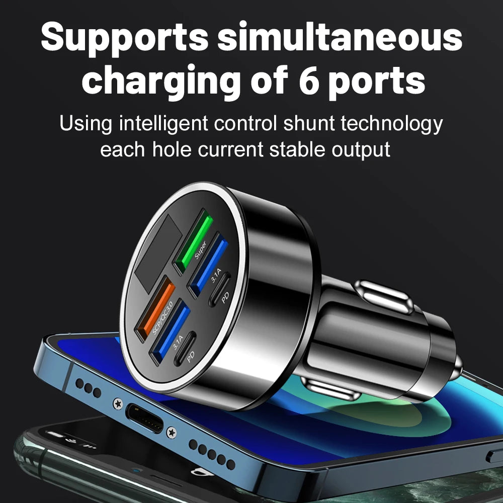 6 Ports Car Charger 100W Fast Charging PD QC3.0 USB C Car Phone Charger Type C Adapter in Car For iPhone Samsung Huawei Xiaomi