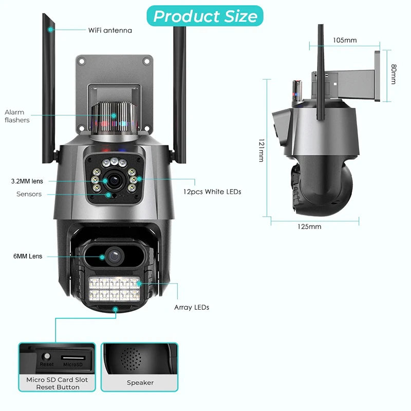 8MP 4K Wifi Camera Dual Lens Security Protection Waterproof Security CCTV Video Surveillance Camera Police Light Alarm IP Camera