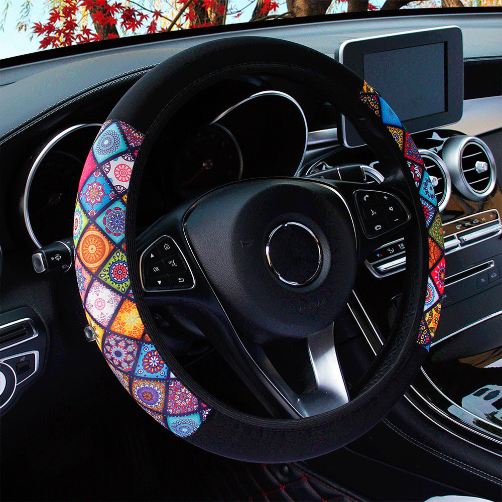 38cm Elastic Car Steering Wheel Cover Ethnic Style Print Anti-slip Car Steering-wheel Cover Car Interior Accessories Car Styling